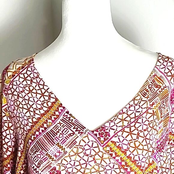 Zac & Rachel Colorful Print Top, Wide Balloon Sleeves, Pink,White,Gold, Size XL - Picture 3 of 9